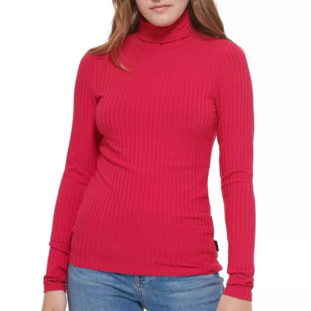 Calvin Klein Jeans Women's Long Sleeve Turtleneck Top - Cerise, Size L, New - Picture 1 of 8